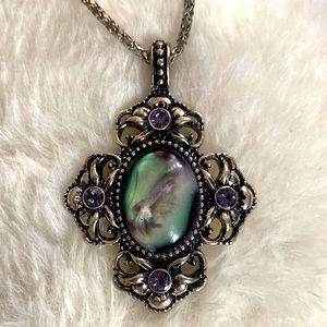 Ornate Mystical Abalone Pendant on a Vintage Silver Chain